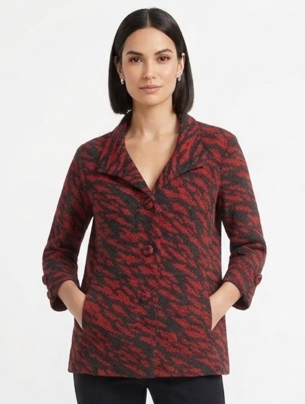 Chico's Red and Black Animal Print Collar Jacket 16